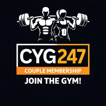 Logo for CYG247 couple gym membership with muscular man and woman.