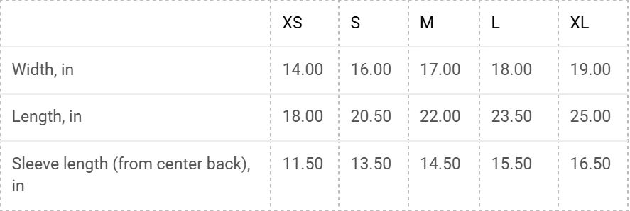 Table showing clothing measurements for sizes XS to XL.