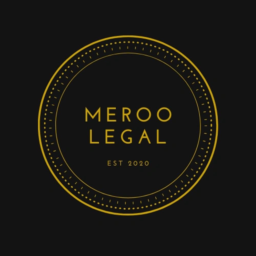 Meroo Legal logo with a sleek gold circular design on a black background.
