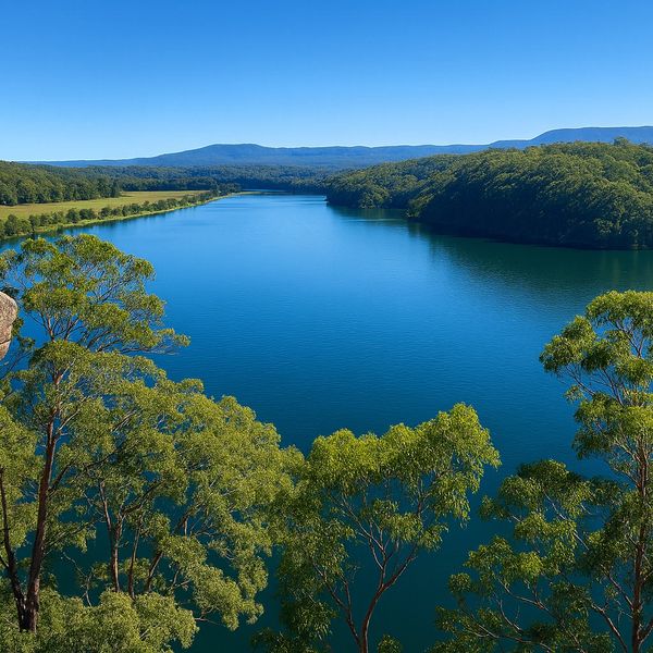 A serene river surrounded by lush greenery and clear blue skies.