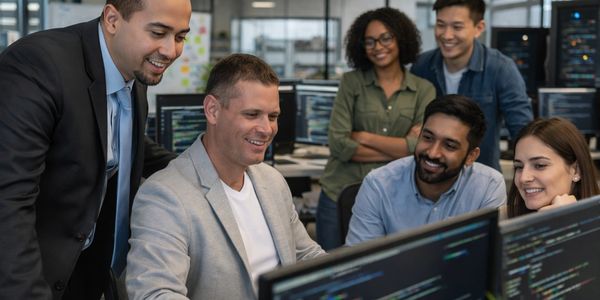 A diverse team collaborating around computer screens in an office.