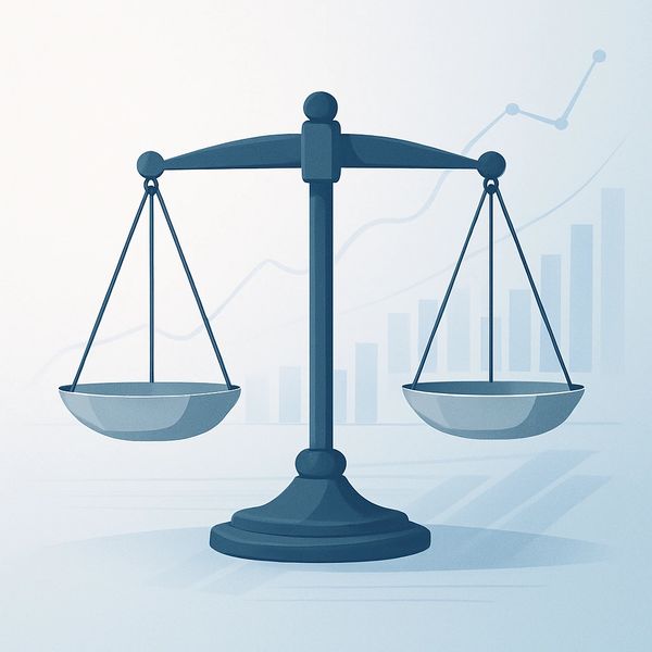 A digital illustration of a balance scale with financial charts in the background.