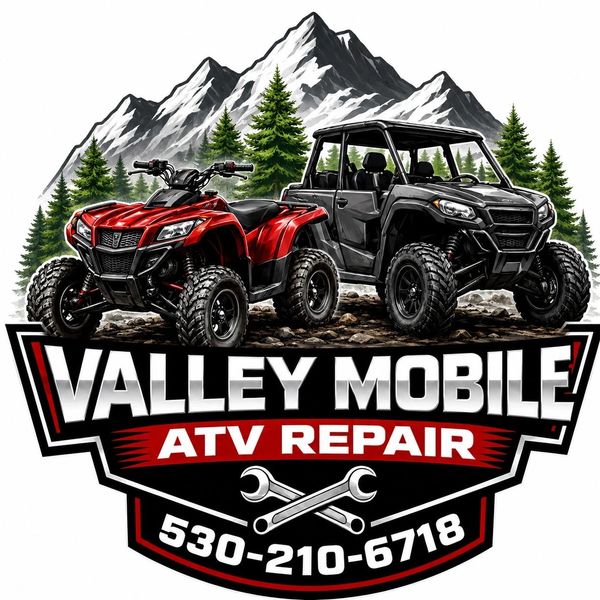 Logo for Valley Mobile ATV Repair with mountain and forest background.