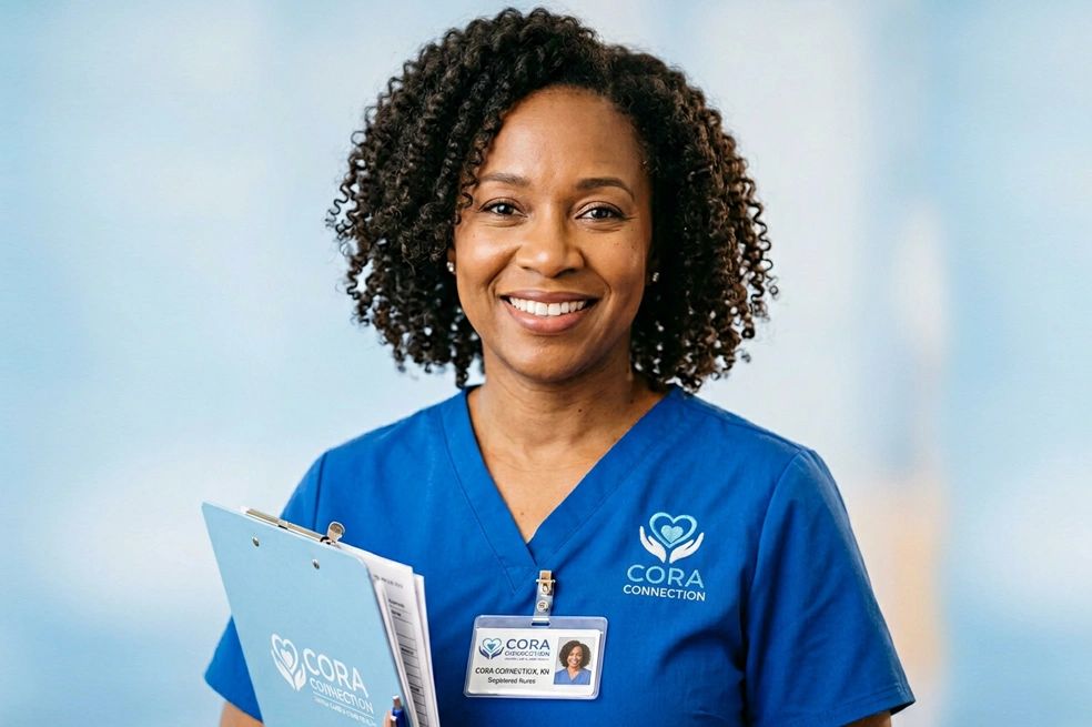 Smiling nurse in blue scrubs holding a clipboard from CORA Connection.