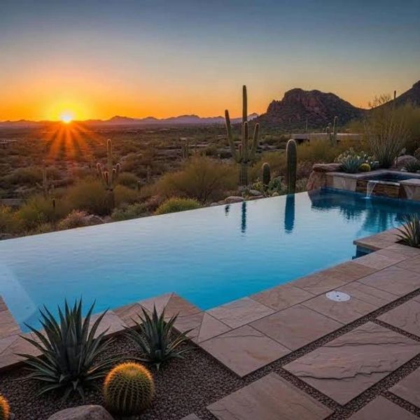 Infinity pool overlooking a desert sunset with cacti and mountains.