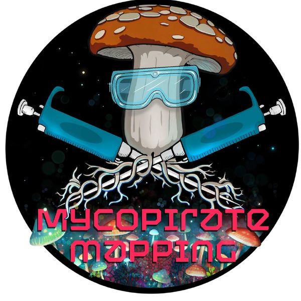 A mushroom with lab goggles and syringes over roots labeled 'Mycopirate Mapping'.