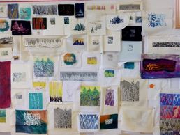 Katherine Colwell's 100+ tree images many media, ready for creating her biggest 3-D embroidery.