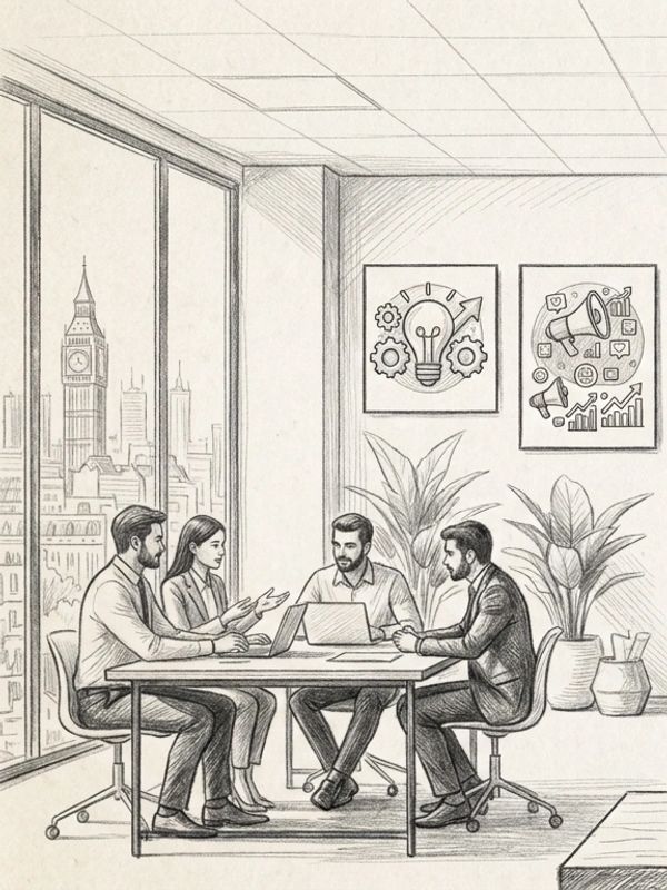 Four people having a meeting in an office with city view.