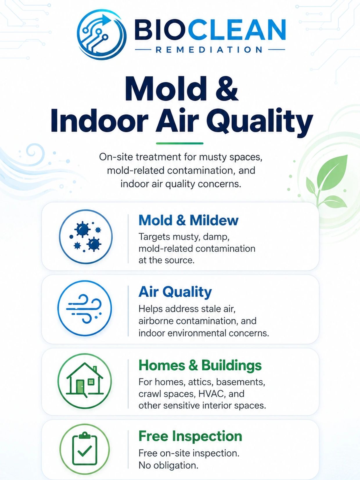 BioClean Remediation offers mold and indoor air quality treatment with free inspections.