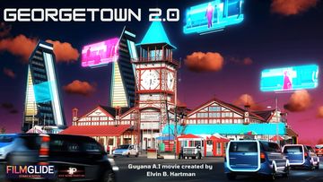 Futuristic Georgetown 2.0 with holographic displays and advanced vehicles at dusk.