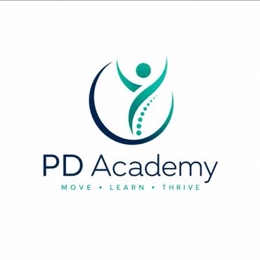 Logo of PD Academy with a stylized human figure and spine.
