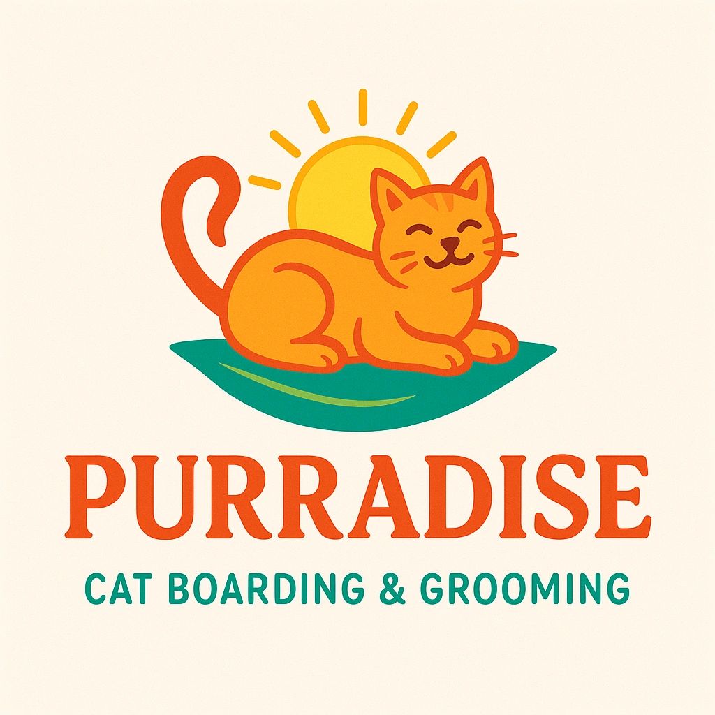 Orange Cat on a green leaf with the sun shining behind them. Purradise Cat grooming and boarding.