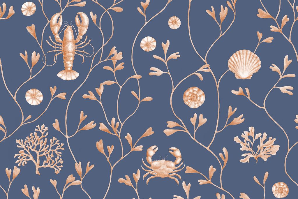 Decadent wallpaper with deep indigo & delicate peachy coral making a beautiful classic focal point