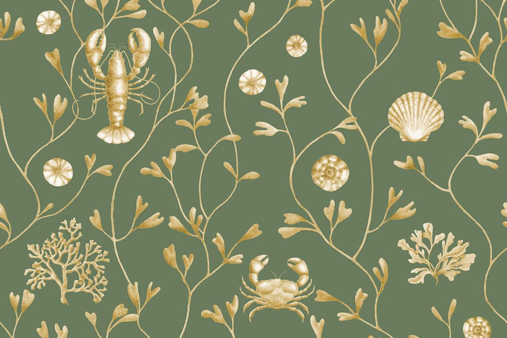Sumptuous wallpaper in rich olive with golden tones bringing serious decadence to any room