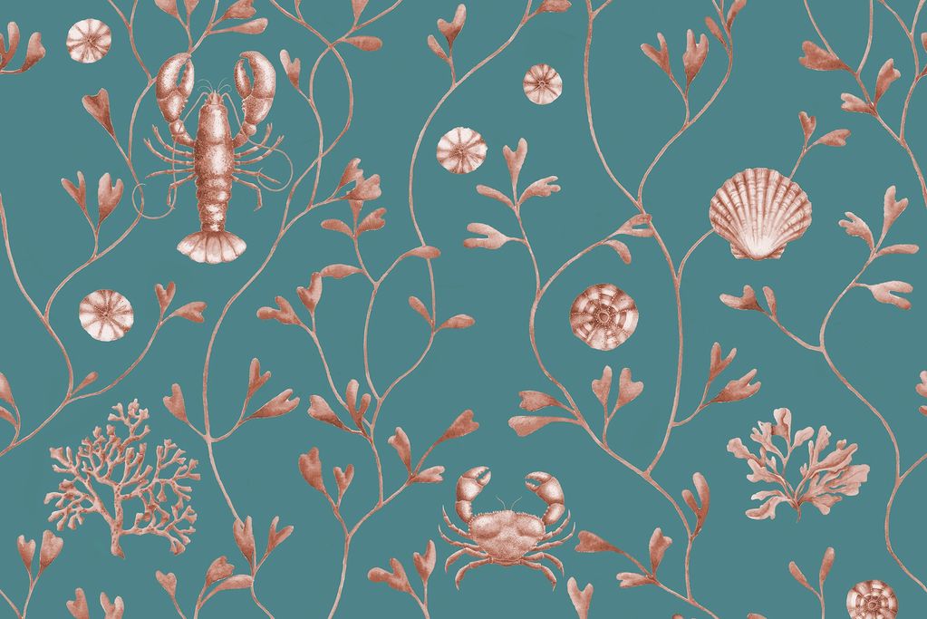 Flamboyant wallpaper in deep petrol blue with rich coppery rust brings ultimate drama to any room.