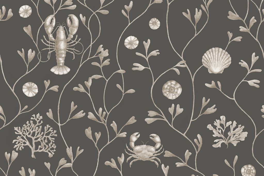 Warm grey wallpaper with striking silver accents creates a perfect dramatic backdrop in any room.
