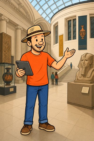 A man with a tablet tours a museum with Egyptian artifacts.