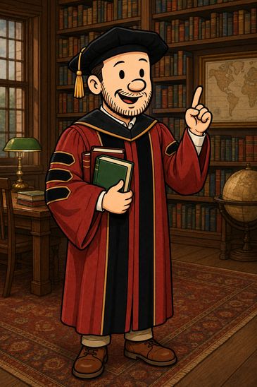 Cartoon professor in academic robe holding a book.