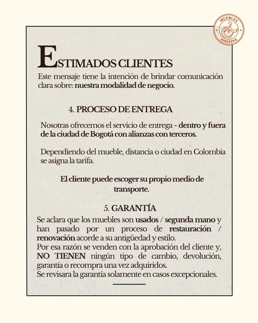 Mensaje informativo sobre modalidad de negocio, entrega y garantía de muebles usados.