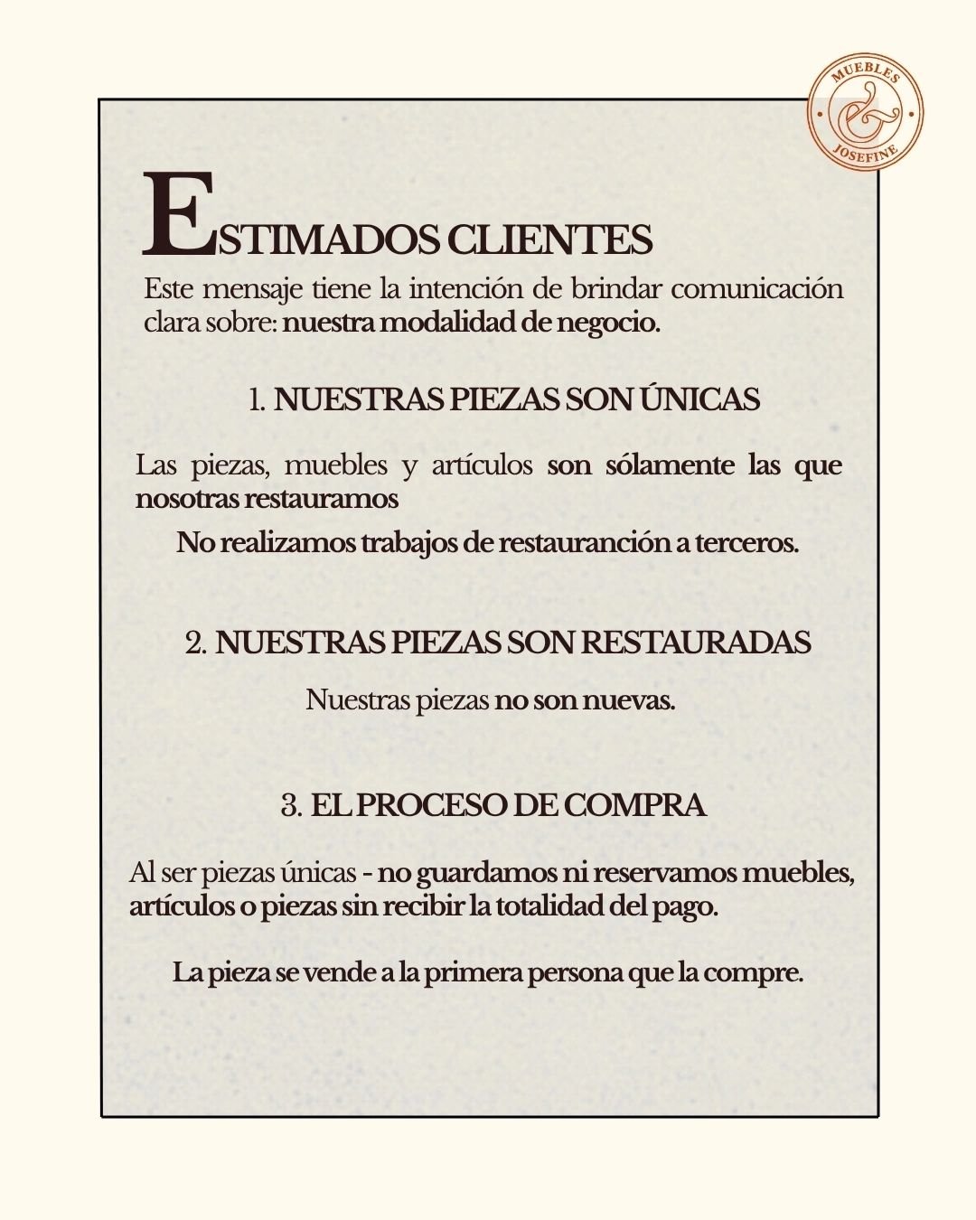 Aviso sobre la política de venta y restauración de piezas únicas en Muebles Josefine.