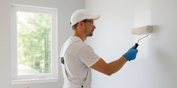Man painting a white wall with a roller brush indoors.