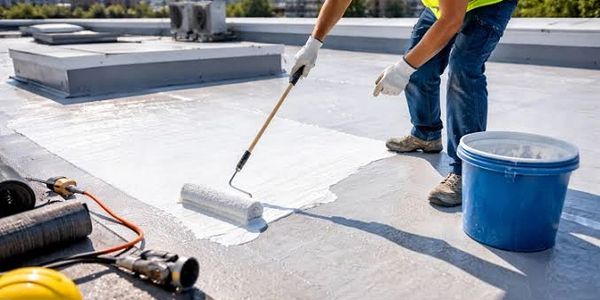 Worker applying white waterproof coating on flat roof with roller.