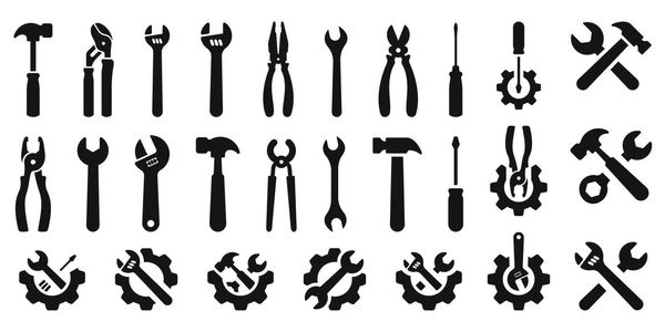 Various black silhouette tools and gear icons.