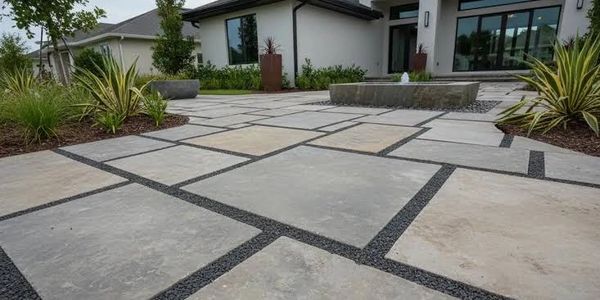 Modern house with a large stone tile patio and garden plants.