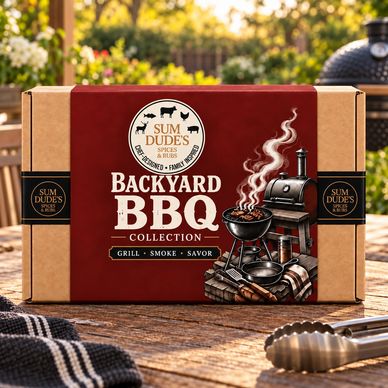 Backyard BBQ collection spice kit with grilling illustration.