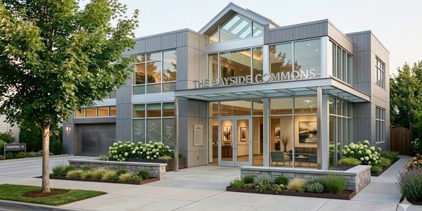 Modern community center with glass facade and landscaped entrance.