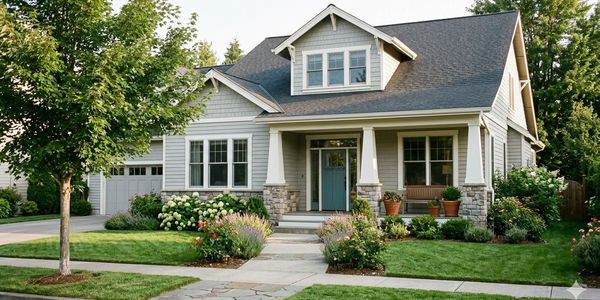 A charming suburban house with gray siding and a well-maintained garden.