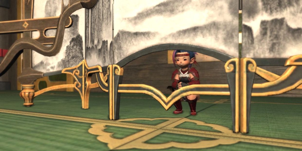 Small character crouching behind an ornate piece of furniture in a detailed room.