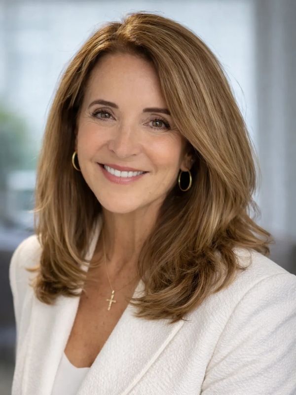 A smiling woman with light brown hair wearing a white blazer and gold hoop earrings.