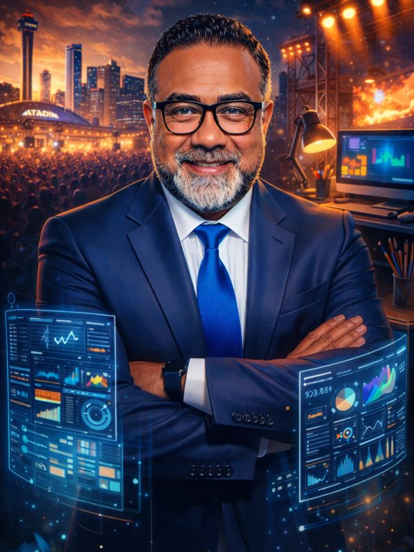 Confident businessman with futuristic data displays.