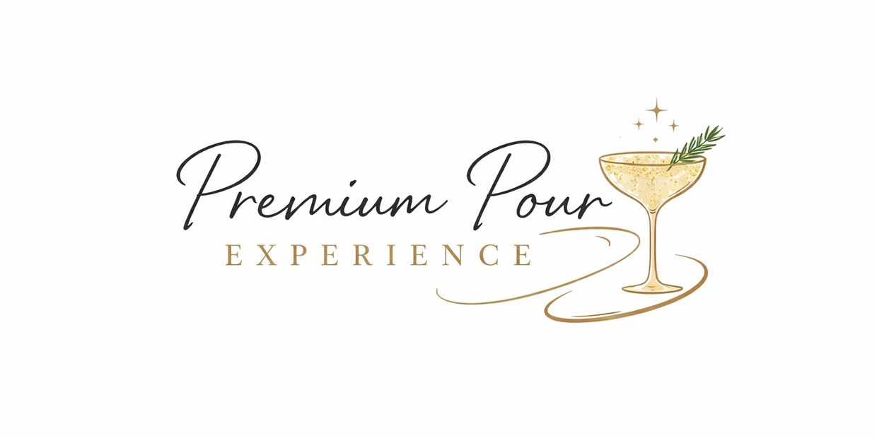 Elegant logo for Premium Pour Experience with a sparkling cocktail glass.