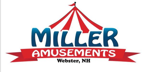 Logo for Miller Amusements in Webster, NH with a red and white circus tent.
