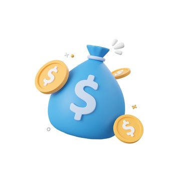 3D illustration of a blue money bag with dollar coins around it.