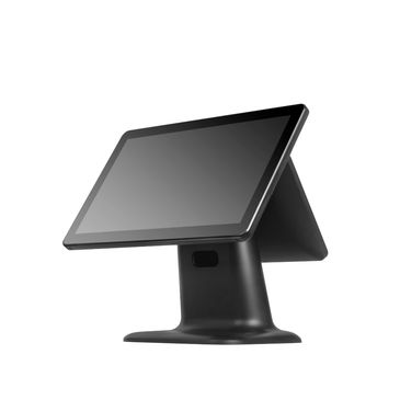 A sleek black touchscreen point-of-sale terminal on a stand.