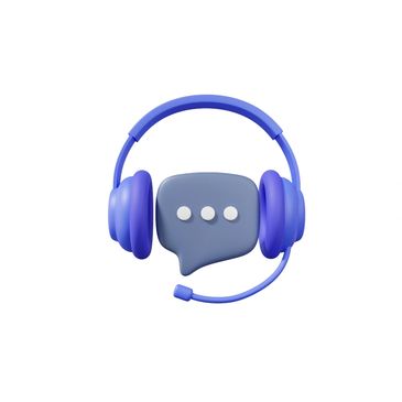 Blue headset with a chat bubble icon and three dots.