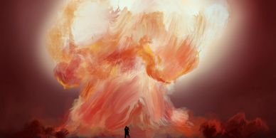 Person standing before a giant fiery explosion.