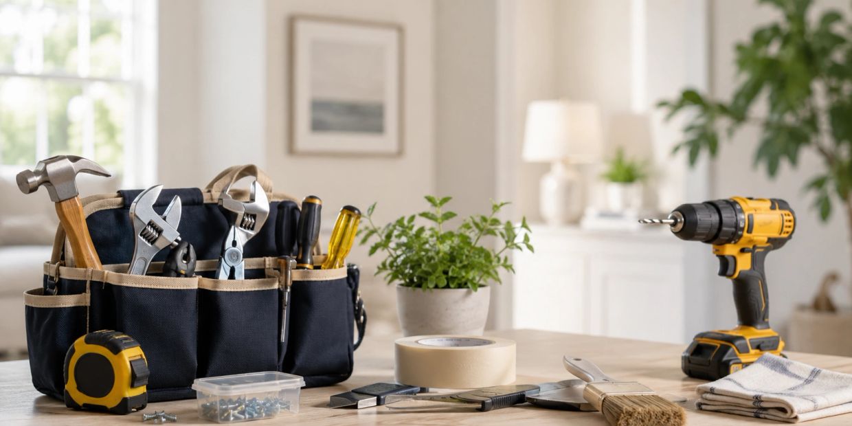 Tool bag with tools on a table with an electric drill.