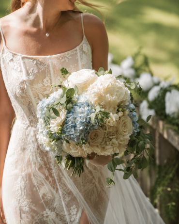 Bride holding a bouquet of white and blue flowers.