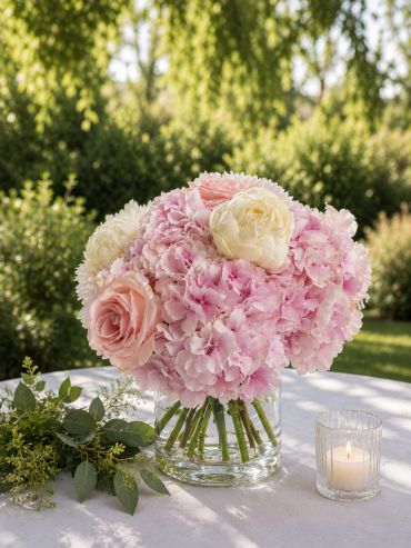 Pink and white floral bouquet on table.