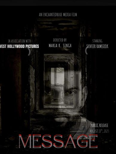 Dark, mysterious movie poster titled "Message" with a face and corridor.