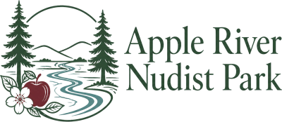 Logo of Apple River Nudist Park with trees, river, and apple graphic.