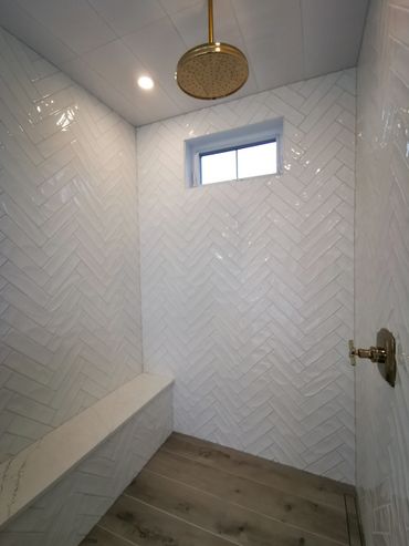 new construction custom shower installation, tiled drain, in Cobourg