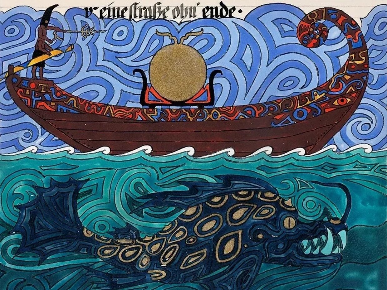 A stylized boat with an archer and a monstrous fish beneath the water.