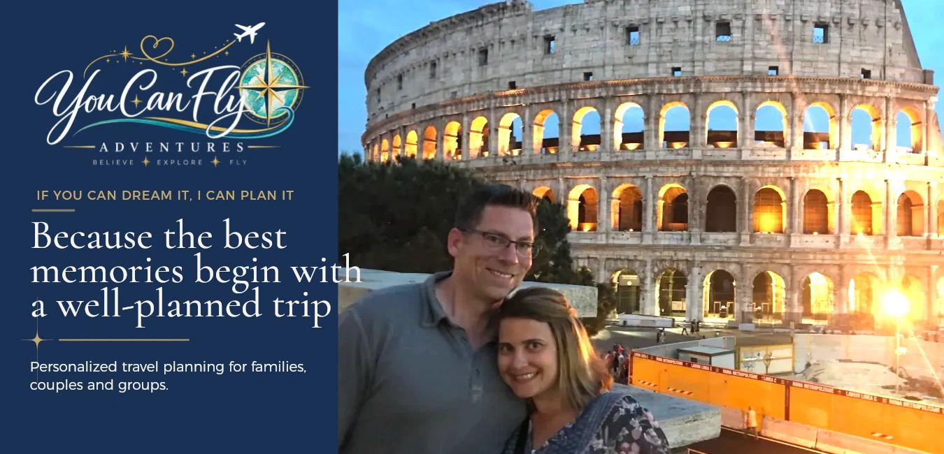 A couple smiling in front of the illuminated Colosseum with a travel planning ad.