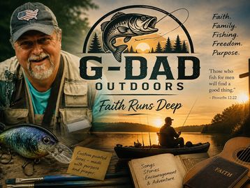 Fishing-themed outdoor advertisement with faith and family message.