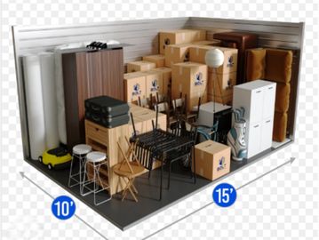 A 10x15 storage unit filled with furniture, boxes, and household items.